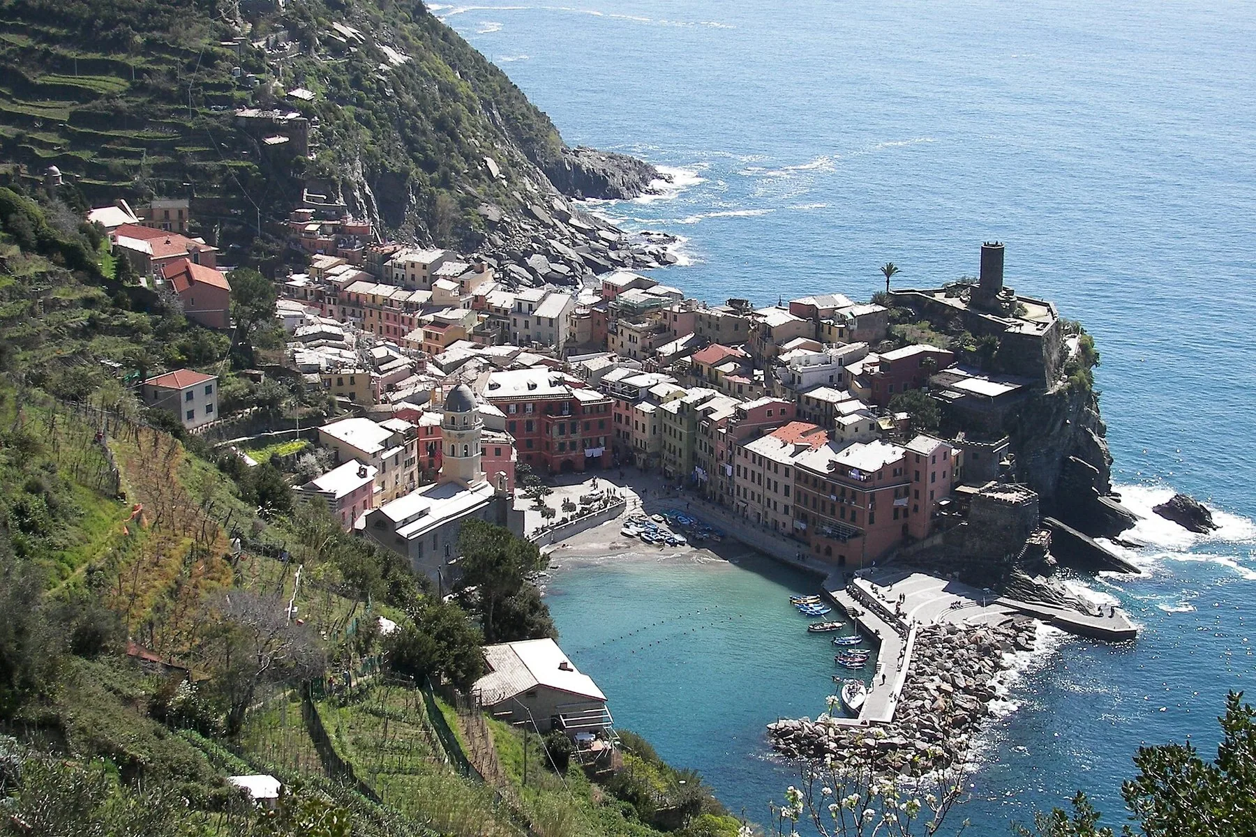 Vernazza sett ovenfra: den lille havna med båter og molo, husene rundt og tårnet på klippen ytterst, under bratte terrasser.