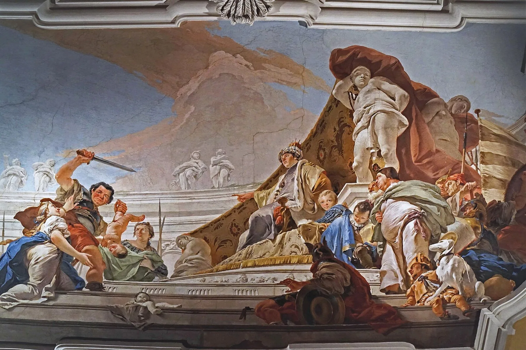 Takfreske av Tiepolo med kong Salomo på en tronstol under en rød baldakin, en soldat som hever sverdet og kvinner og barn i lyse farger mot en blå himmel.