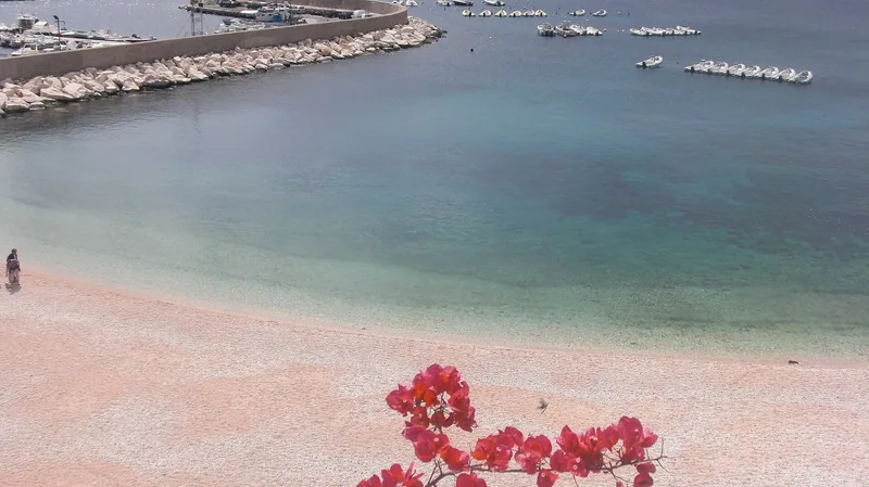 Lys sandstrand med klart, grunt vann innenfor en steinmolo, fortøyde småbåter og røde bougainvilleablomster i forgrunnen.