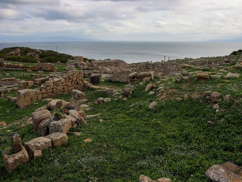 Ruinene i Tharros: lave murrester og steinblokker i grønt gress, to søyler i bakgrunnen og havet under en overskyet himmel.