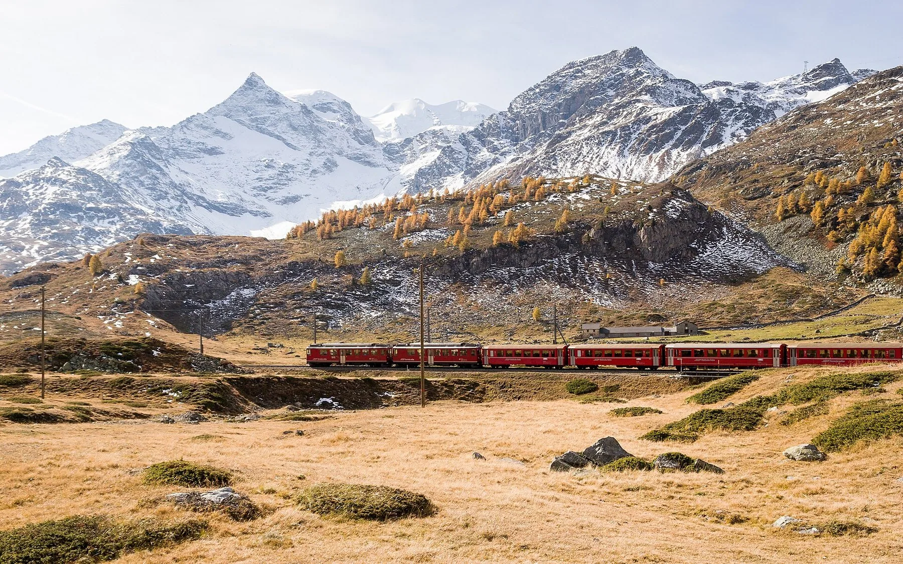 Et rødt tog kjører gjennom et gyllent høstlandskap med lerketrær under snøkledde, spisse fjelltopper.