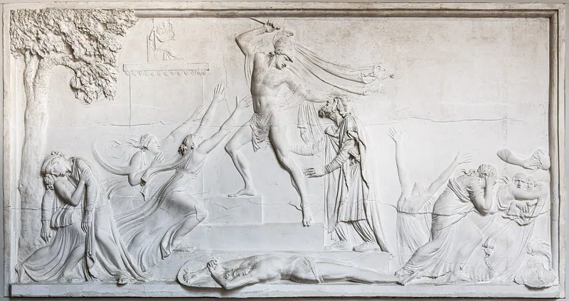 Hvitt gipsrelieff av Antonio Canova som viser Priamos' død, med en kriger som hever sverdet og sørgende kvinner på begge sider.