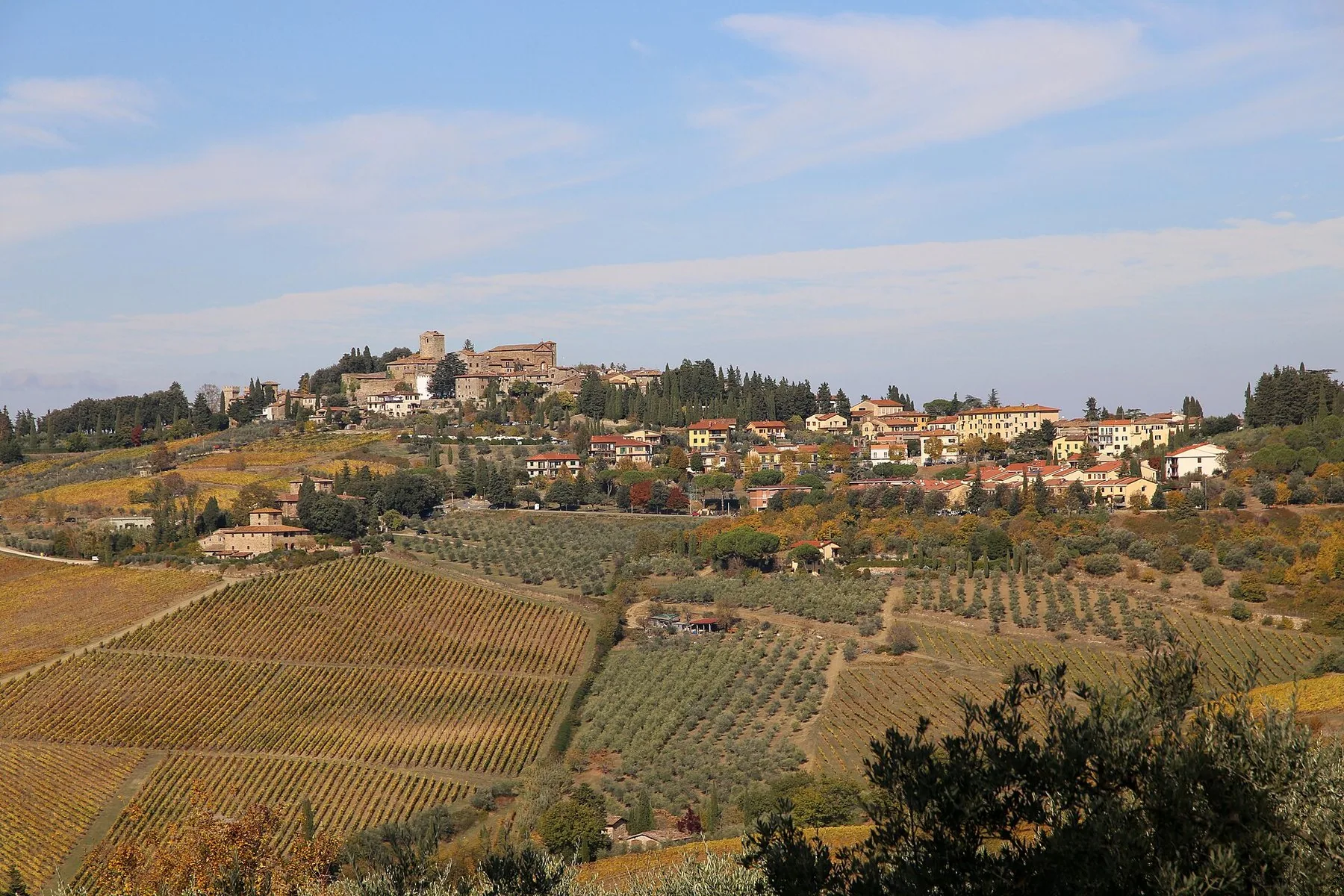 En landsby med steintårn og teglrøde tak ligger på en åsrygg i Chianti, med gule vinmarker i rette rader og grønngrå olivenlunder som deler åssiden nedenfor.